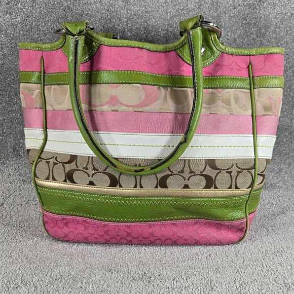 Coach Handbags - Coach Stripe Signature Monogram Purse Canvas Leather Tote Bag Pink Green